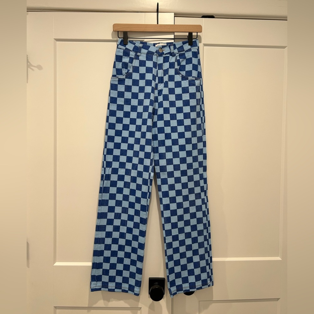 Blue Checkered Pants Women’s Small Denim Pattern Jeans Gameday Fall